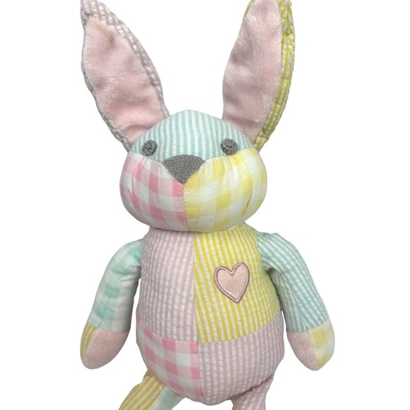 Pottery Barn Kids Patchwork Bunny Rabbit Plush Pink Yellow Plaid Seersucker 21" - Picture 2 of 5